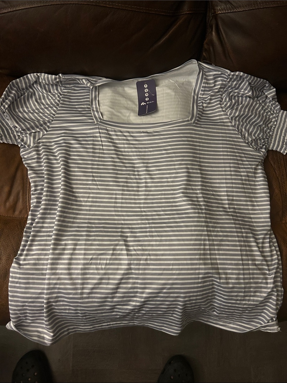 Kensie Striped Square-Neck Tee - Light Gray & White